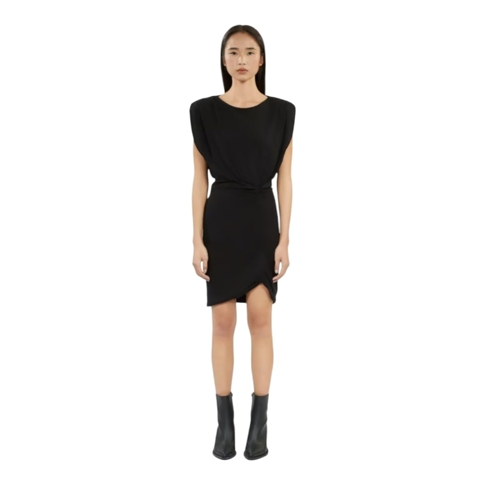 The Kooples Little Black Dres Size US Small Ruched Woven Padded Shoulders NWT
